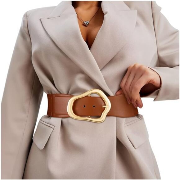 Wide Black Stretch Belt | Gold Buckle Waist Cinch | Elastic & Leather - Picture 1 of 2
